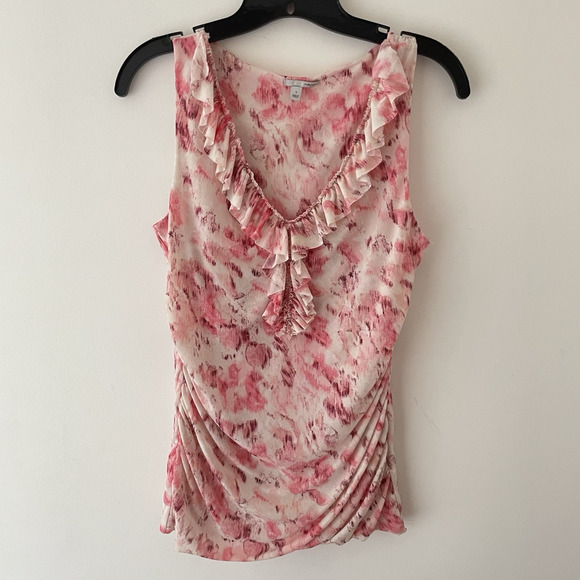Y2K Sleeveless Blouse S Pink Ruffle Ruched Hem Barbie Coquette Fairy Romantic - Picture 1 of 9